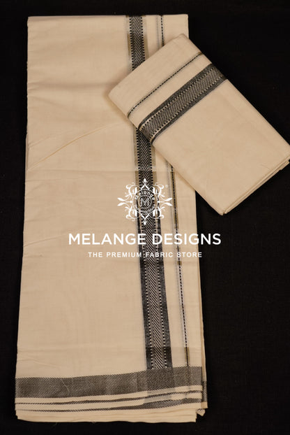 Cotton Dhoti For Men Off White with Black and Charcoal Grey full view.