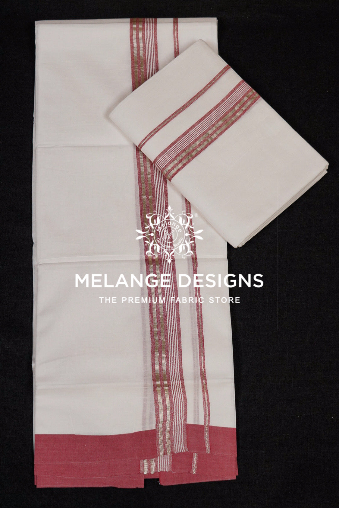 Cotton Dhoti For Men White with Rust Red full view.
