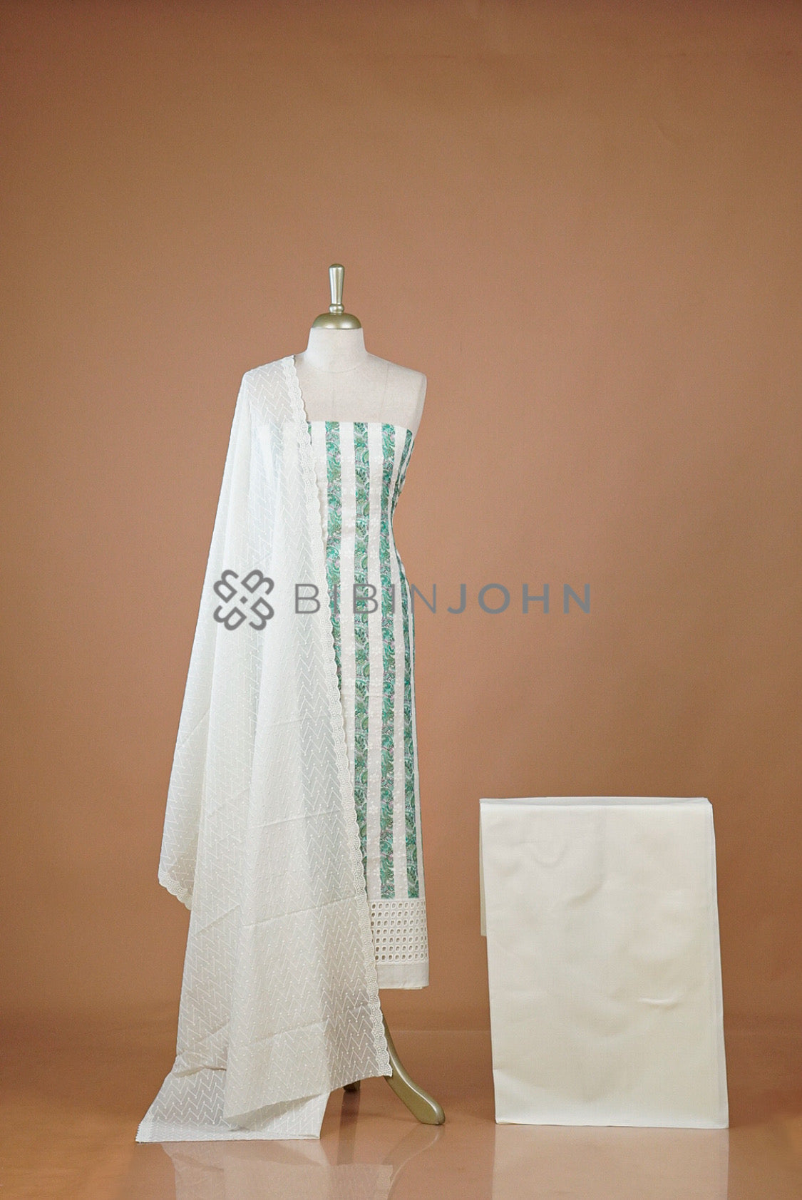 Cotton Embroidery Unstitched Salwar Suit Material Ivory White 