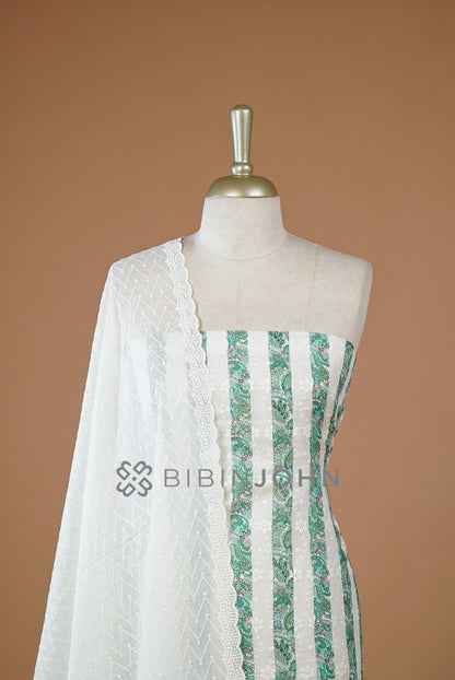 Cotton Embroidery Unstitched Salwar Suit Material Ivory White close view