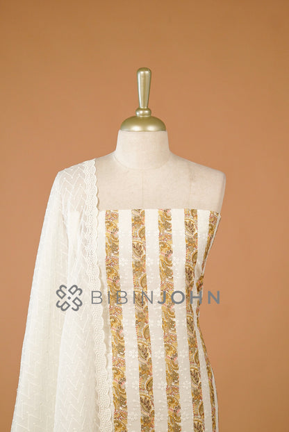 Cotton Embroidery Unstitched Salwar Suit Material Ivory White close view