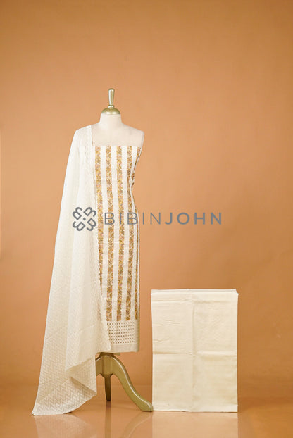 Cotton Embroidery Unstitched Salwar Suit Material Ivory White
