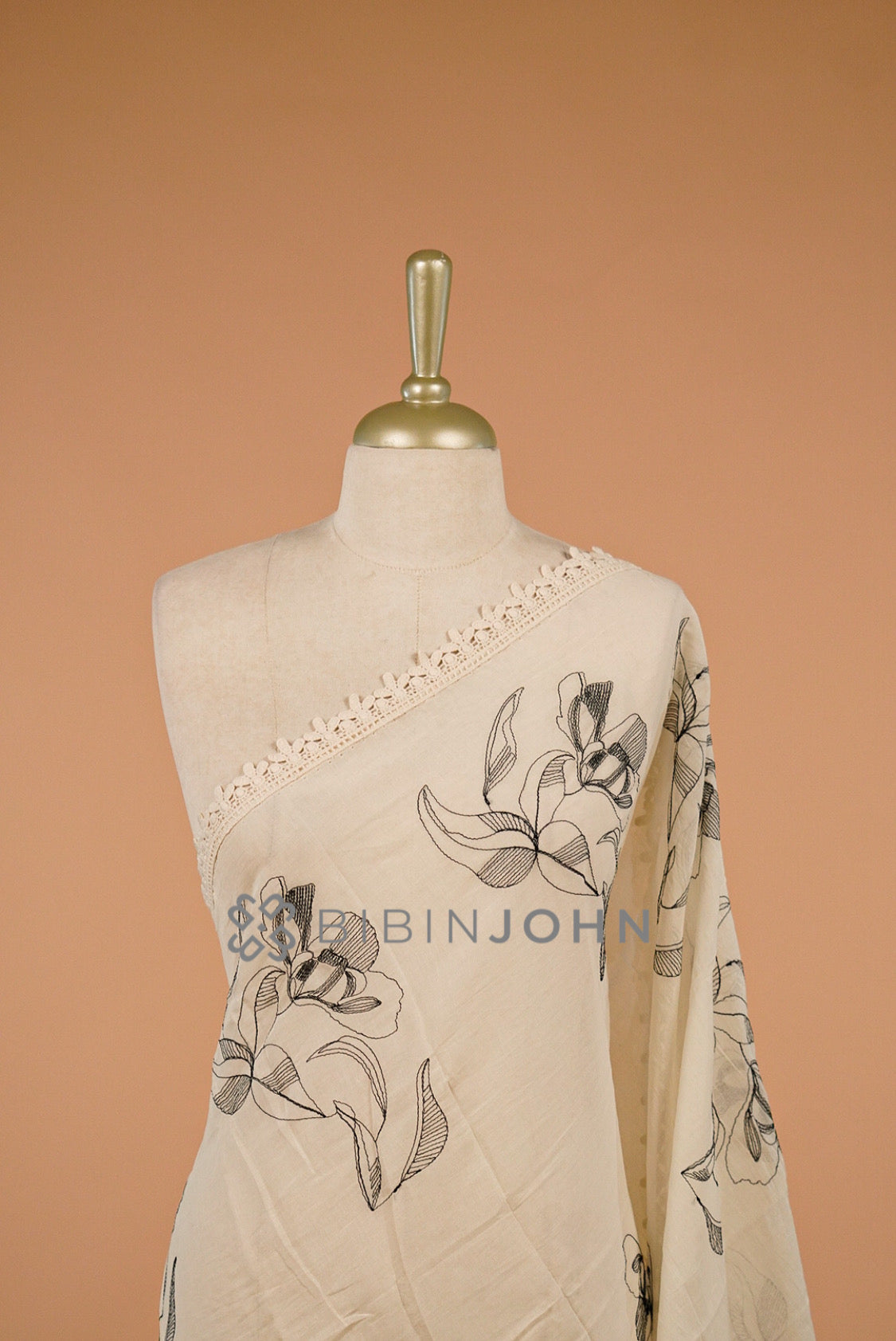 Cotton Embroidery Dupatta For Women Off-White with Black close view.