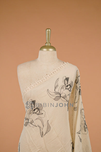 Cotton Embroidery Dupatta For Women Off-White with Black close view.