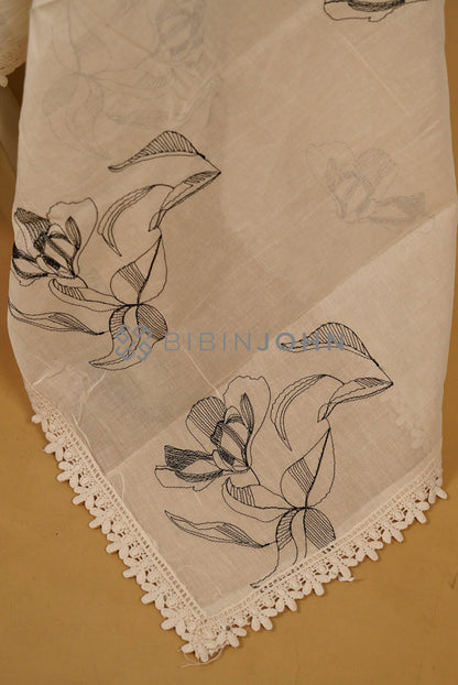 Cotton Embroidery Dupatta For Women Off-White with Black sideview