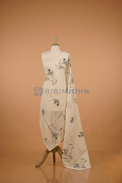 Cotton Embroidery Dupatta For Women Off-White with Black