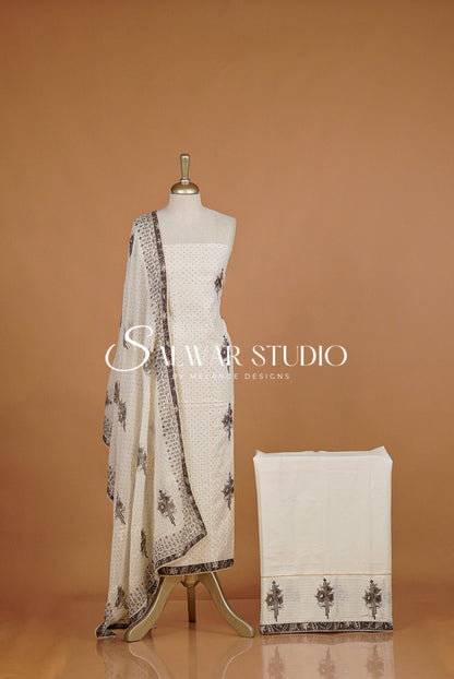 Cotton Embroidery Unstitched Salwar Suit Material White and Taupe Brown.