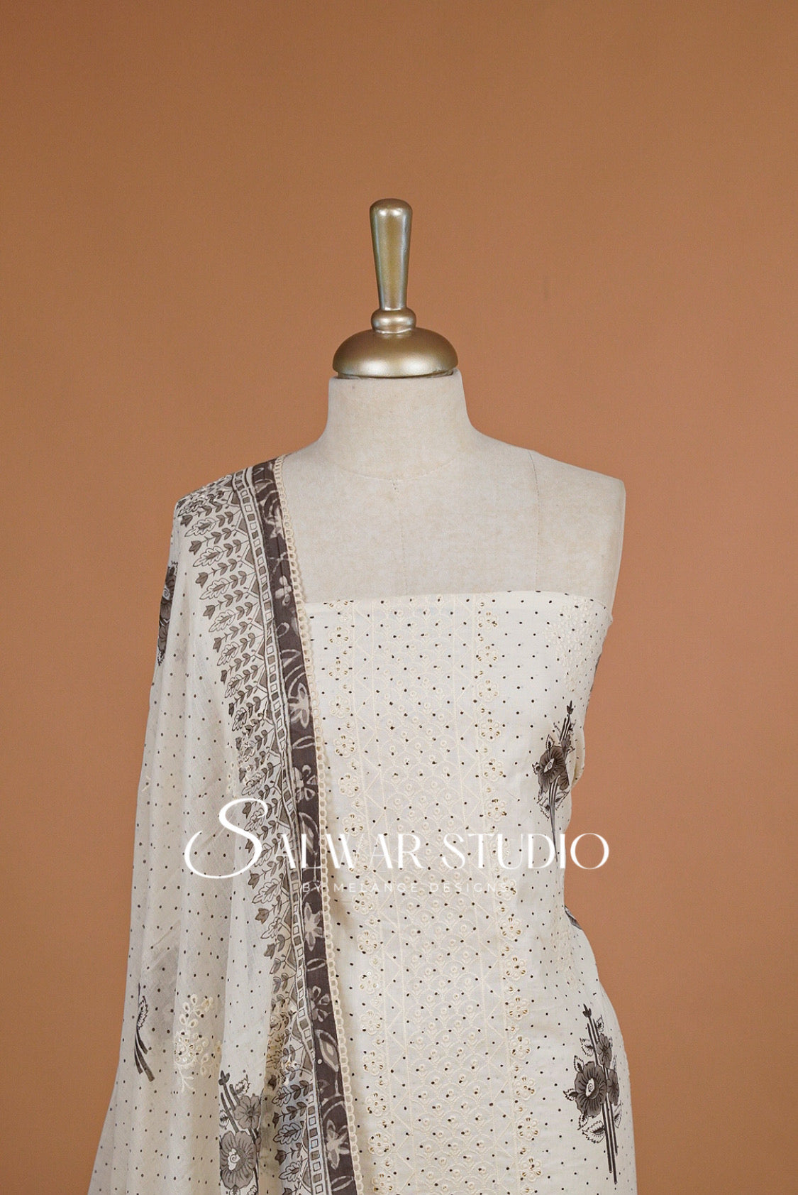 Cotton Embroidery Unstitched Salwar Suit Material White and Taupe Brown Close View.