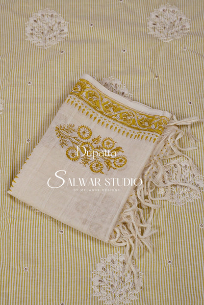 Cotton Embroidery Unstitched Salwar Suit Dress Material Light Lemon Yellow AC0193