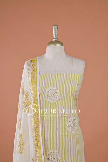Cotton Embroidery Unstitched Salwar Suit Dress Material Light Lemon Yellow AC0193