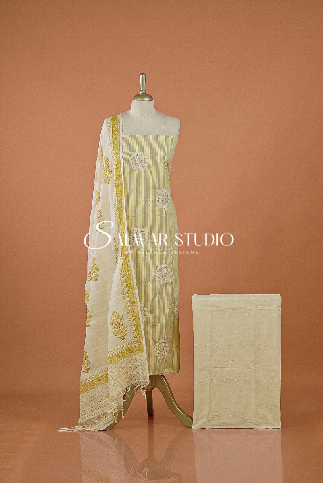 Cotton Embroidery Unstitched Salwar Suit Dress Material Light Lemon Yellow AC0193