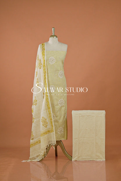 Cotton Embroidery Unstitched Salwar Suit Dress Material Light Lemon Yellow AC0193