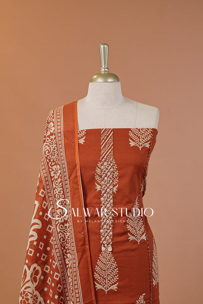 Cotton Embroidery Unstitched Salwar Suit Dress Material Sienna Brown AC0229