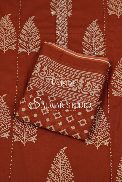 Cotton Embroidery Unstitched Salwar Suit Dress Material Sienna Brown AC0229