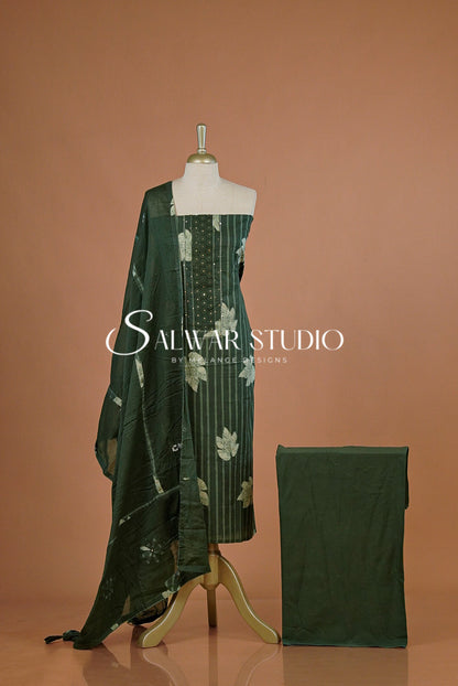 Cotton Embroidery Unstitched Salwar Suit Dress Material Pine Green AC0234