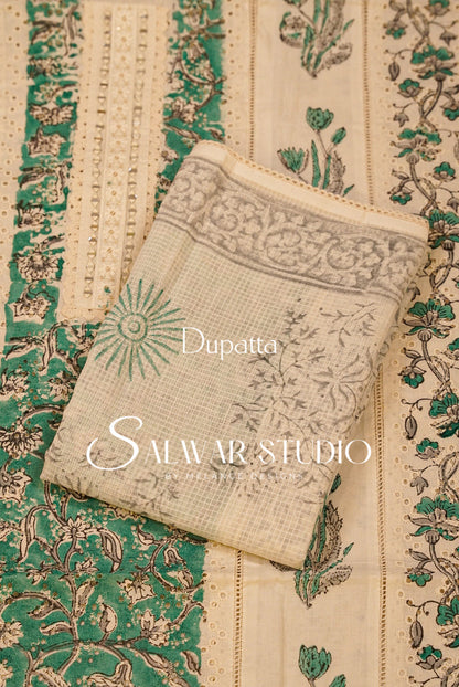 Cotton Embroidery Unstitched Salwar Suit Dress Material Off-White With Green AC0316