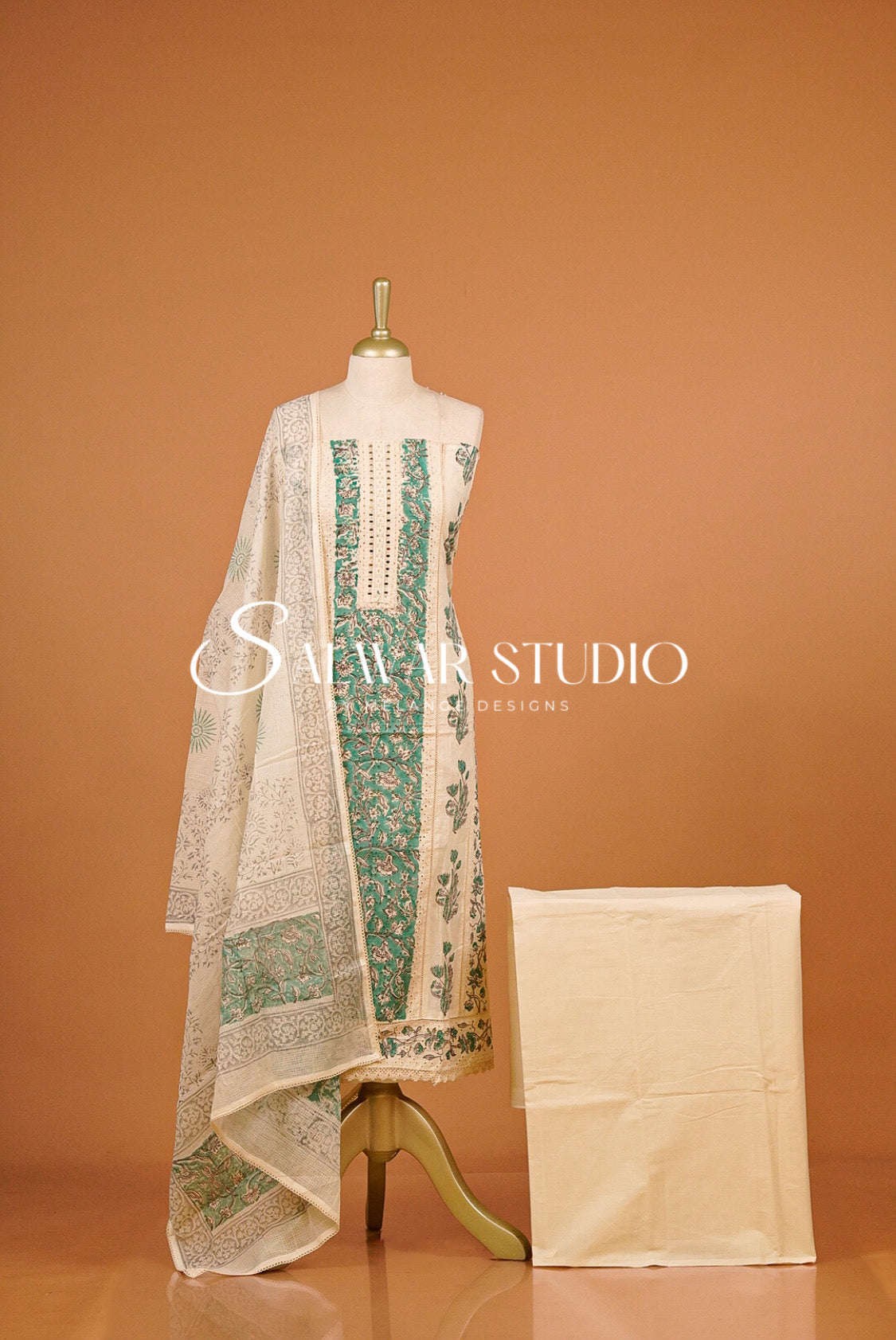 Cotton Embroidery Unstitched Salwar Suit Dress Material Off-White With Green AC0316