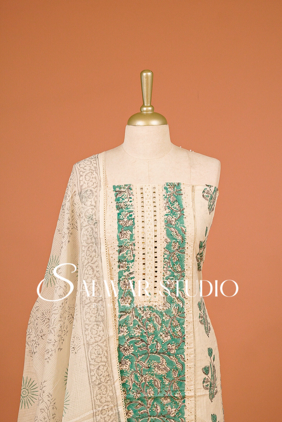 Cotton Embroidery Unstitched Salwar Suit Dress Material Off-White With Green AC0316