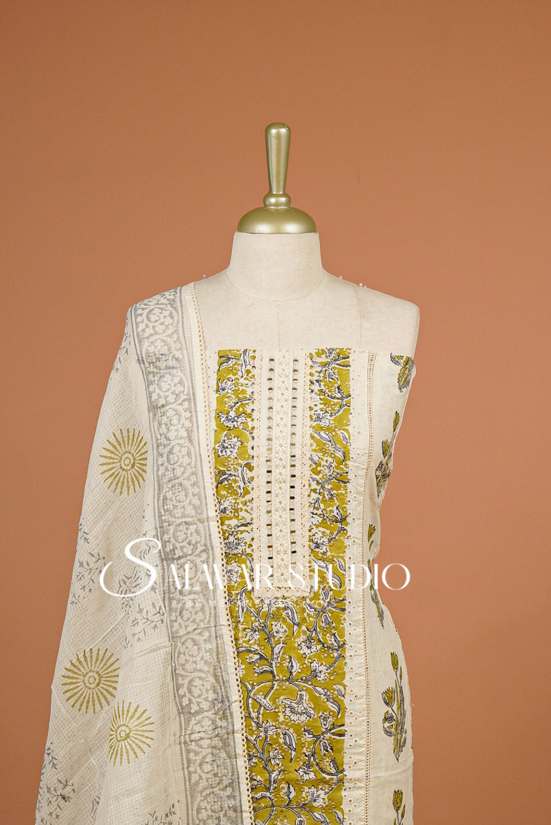 Cotton Embroidery Unstitched Salwar Suit Dress Material Off-White With Mustard Yellow AC0317