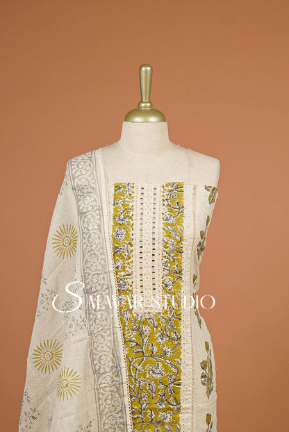 Cotton Embroidery Unstitched Salwar Suit Dress Material Off-White With Mustard Yellow AC0317