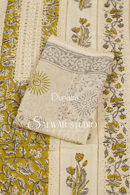 Cotton Embroidery Unstitched Salwar Suit Dress Material Off-White With Mustard Yellow AC0317