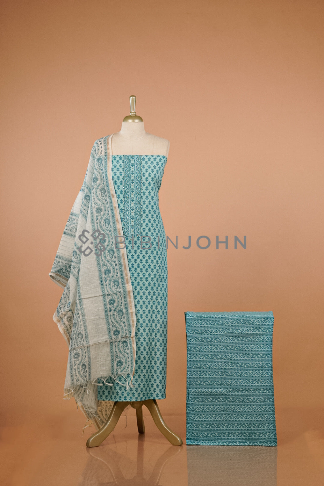 Cotton Embroidery Unstitched Salwar Suit Material Aqua Blue.