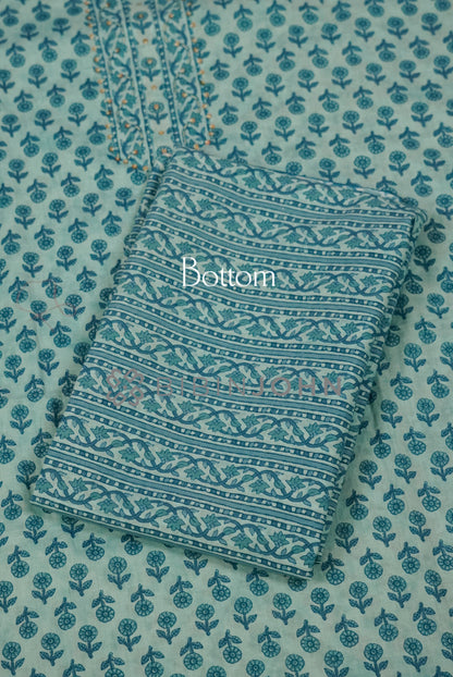 Cotton Embroidery Unstitched Salwar Suit Material Aqua Blue bottom.