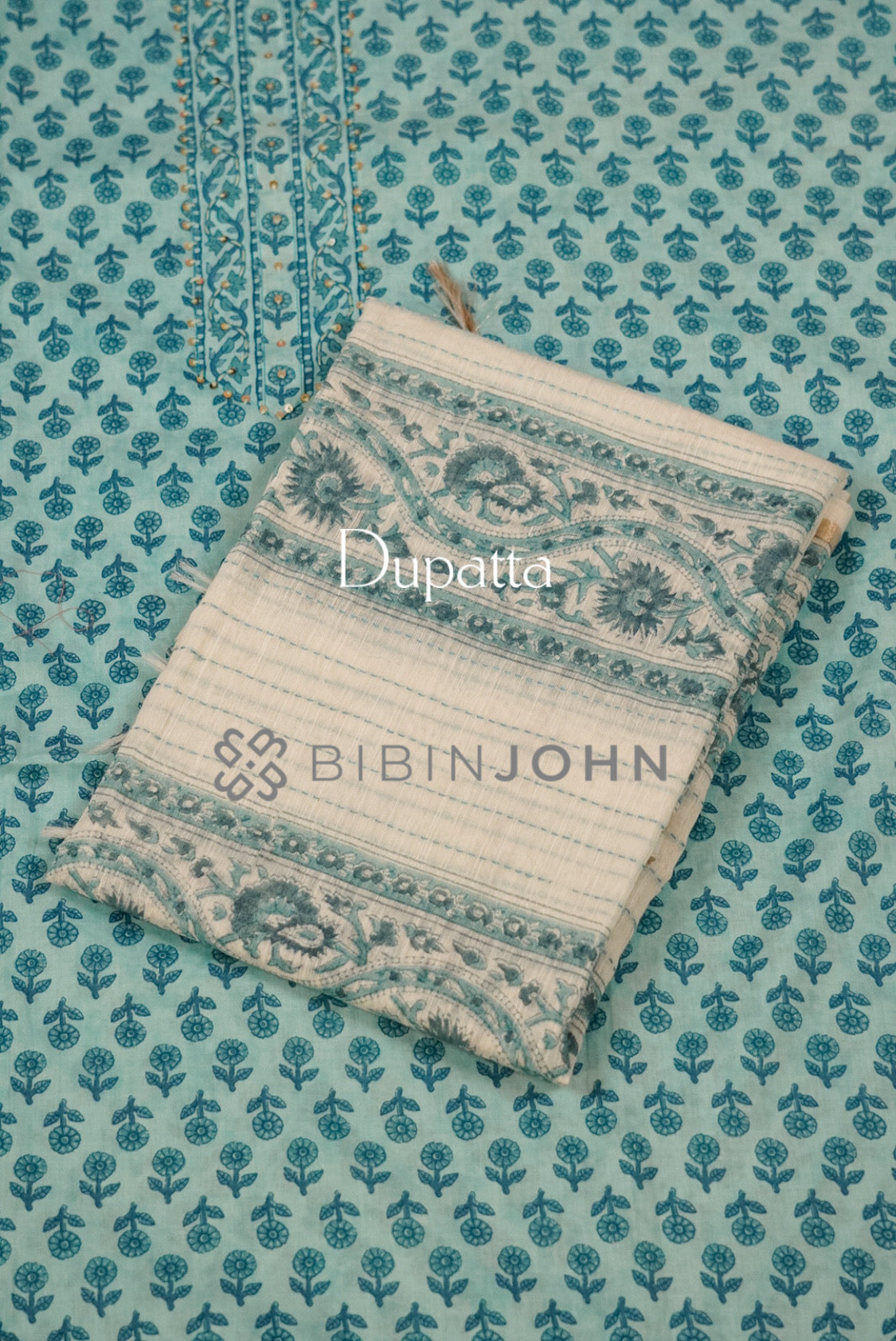 Cotton Embroidery Unstitched Salwar Suit Material Aqua Blue dupatta.