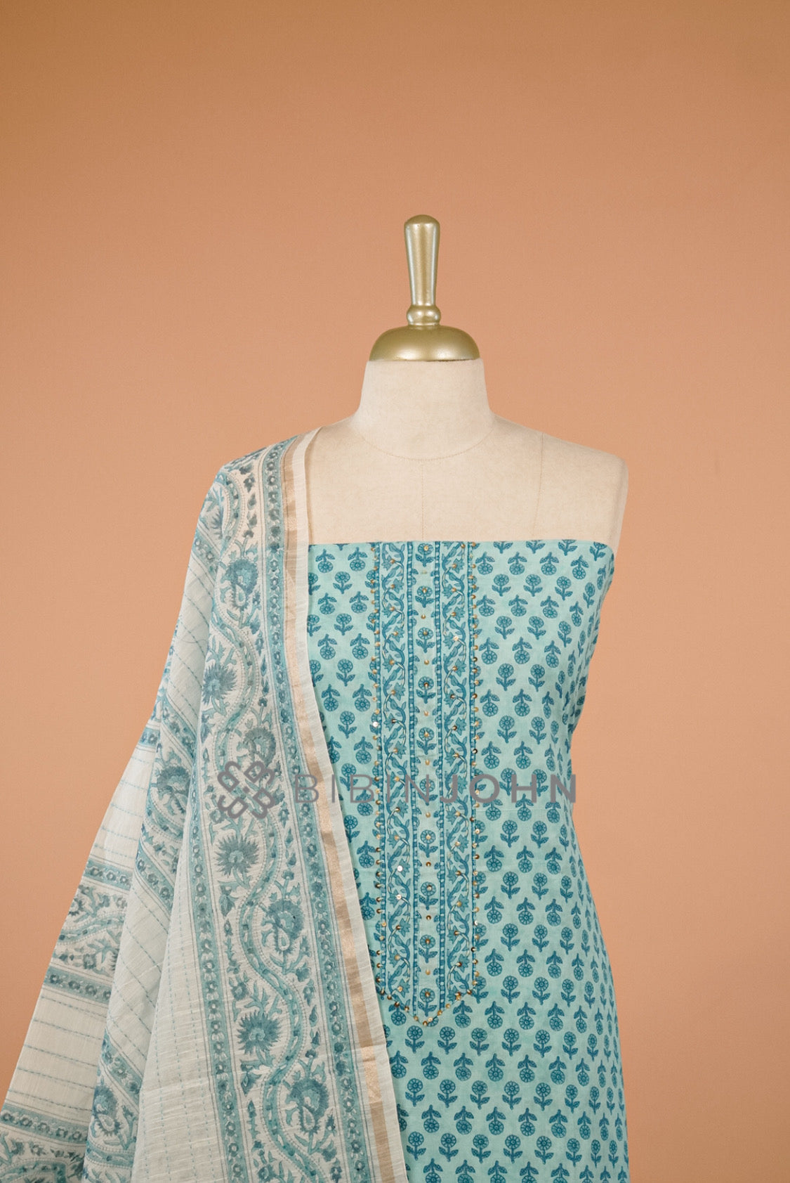 Cotton Embroidery Unstitched Salwar Suit Material Aqua Blue close view.