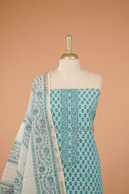 Cotton Embroidery Unstitched Salwar Suit Material Aqua Blue close view.
