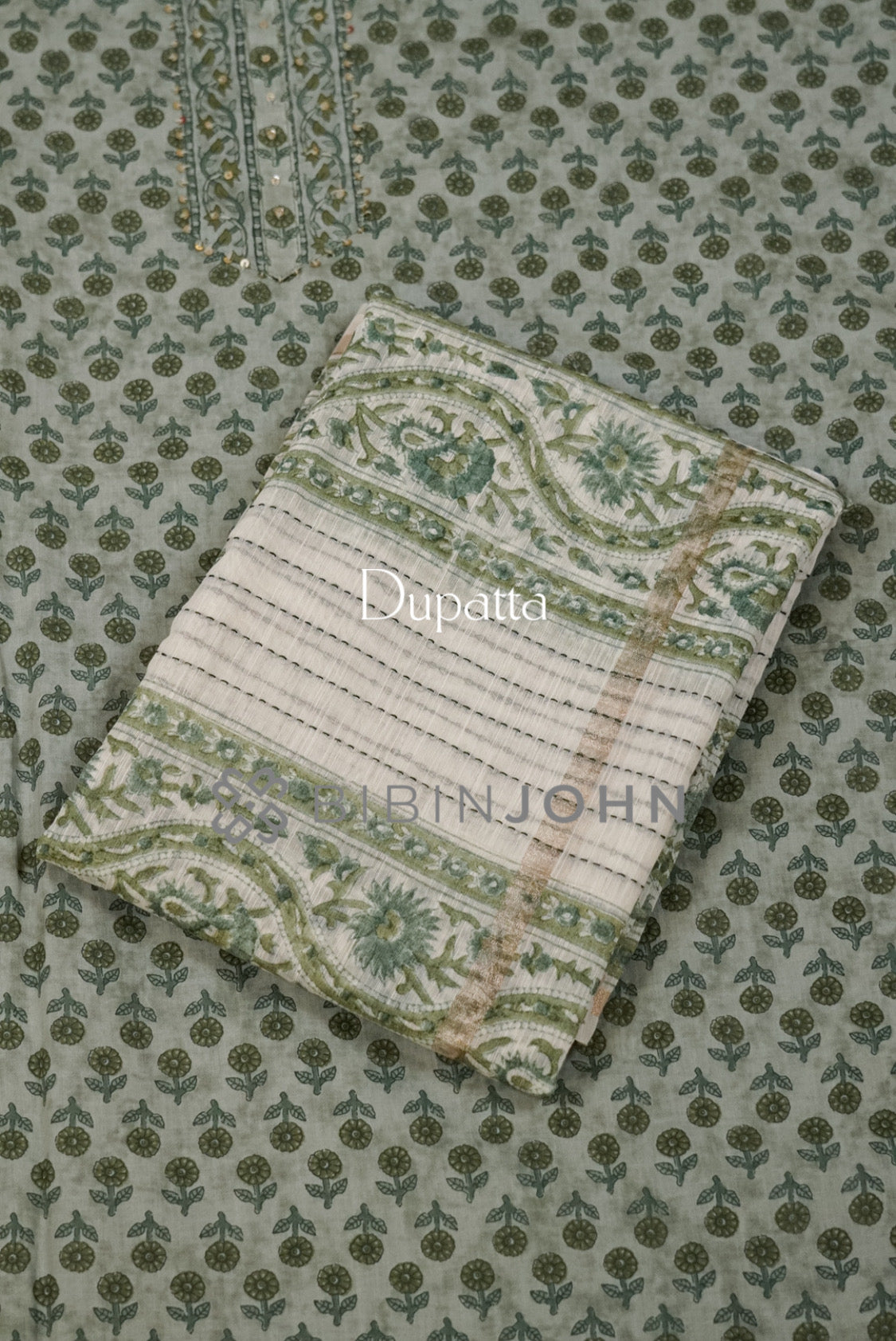 Cotton Embroidery Unstitched Salwar Suit Material Sage green dupatta.