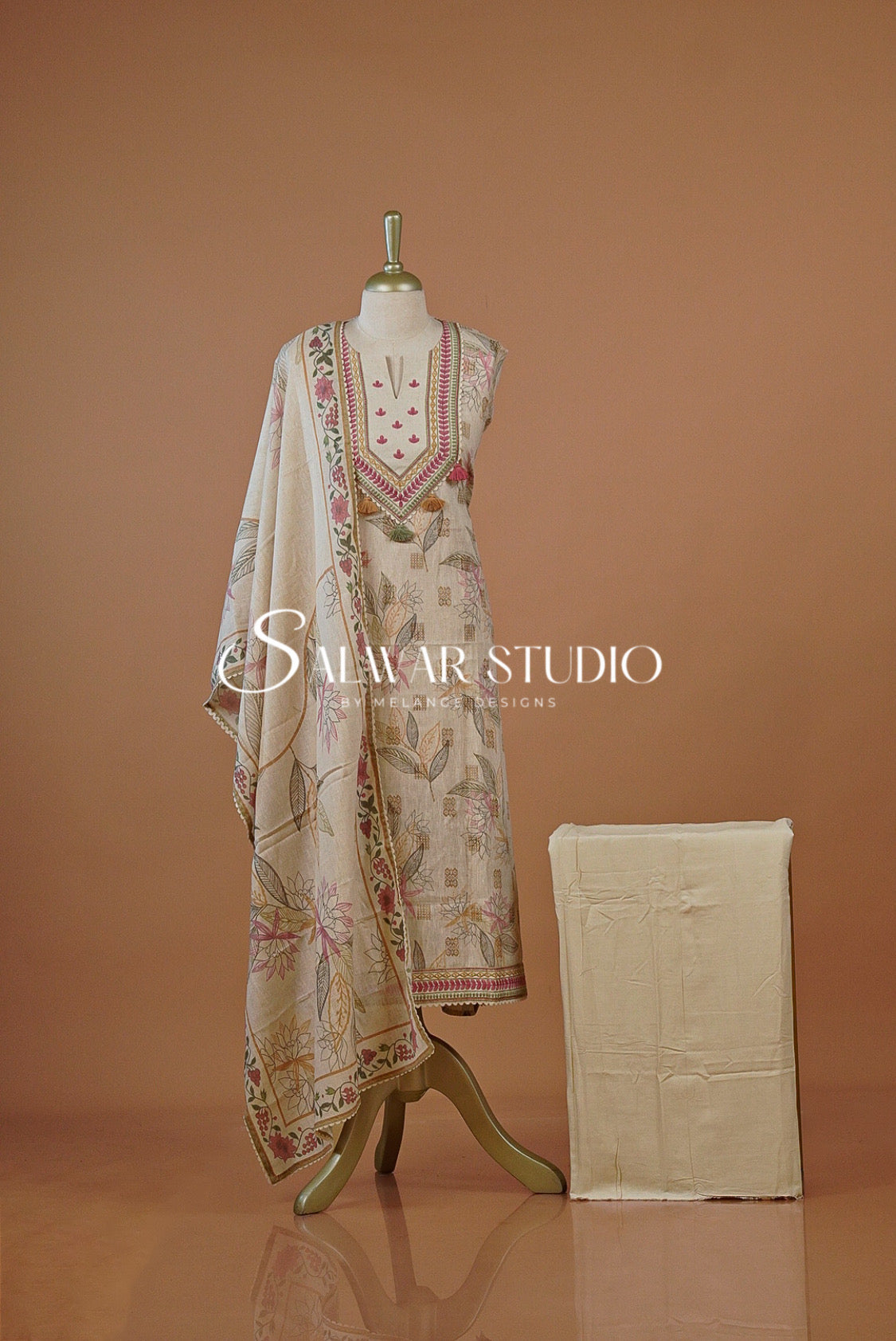 Cotton Embroidery Semi Stitched Salwar suits Dress Material Creamish AC0226