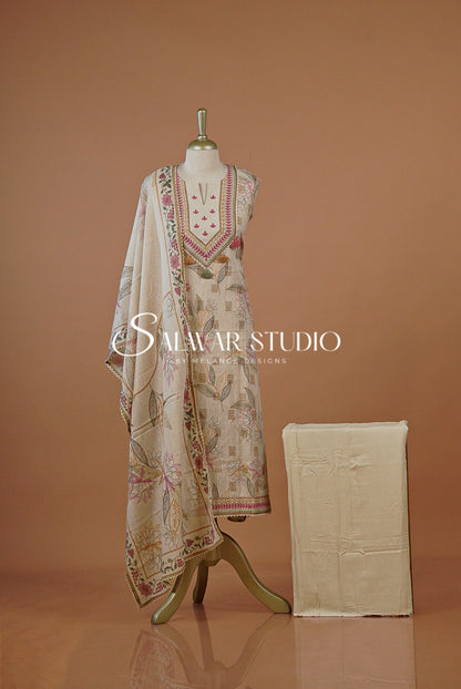Cotton Embroidery Semi Stitched Salwar suits Dress Material Creamish AC0226