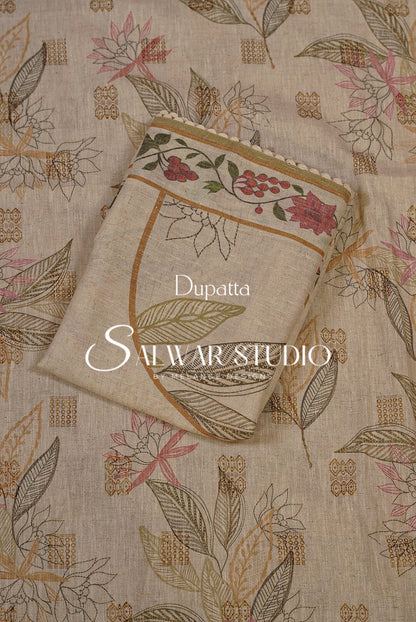 Cotton Embroidery Semi Stitched Salwar suits Dress Material Creamish AC0226