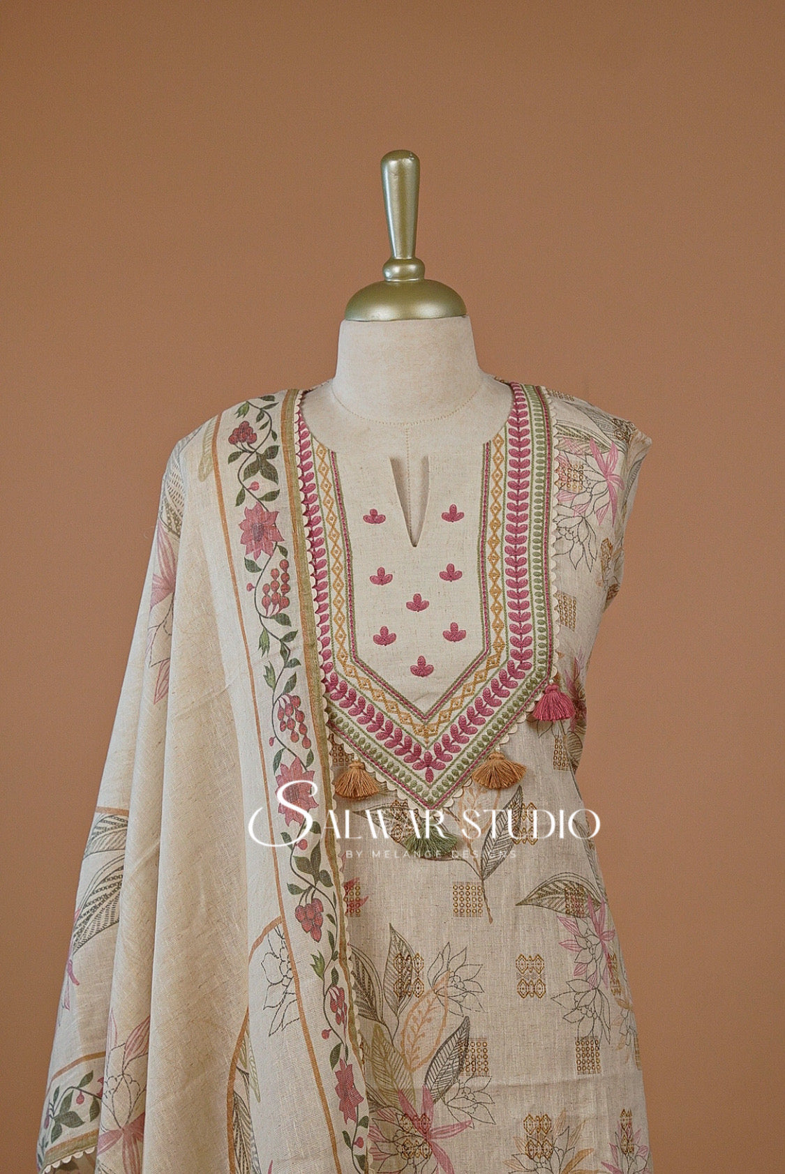 Cotton Embroidery Semi Stitched Salwar suits Dress Material Creamish AC0226