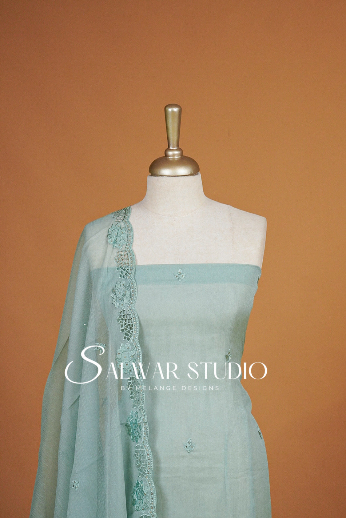 Crushed Organza Cutwork Unstitched Salwar Suit Material Pastel Mint Green Close View.