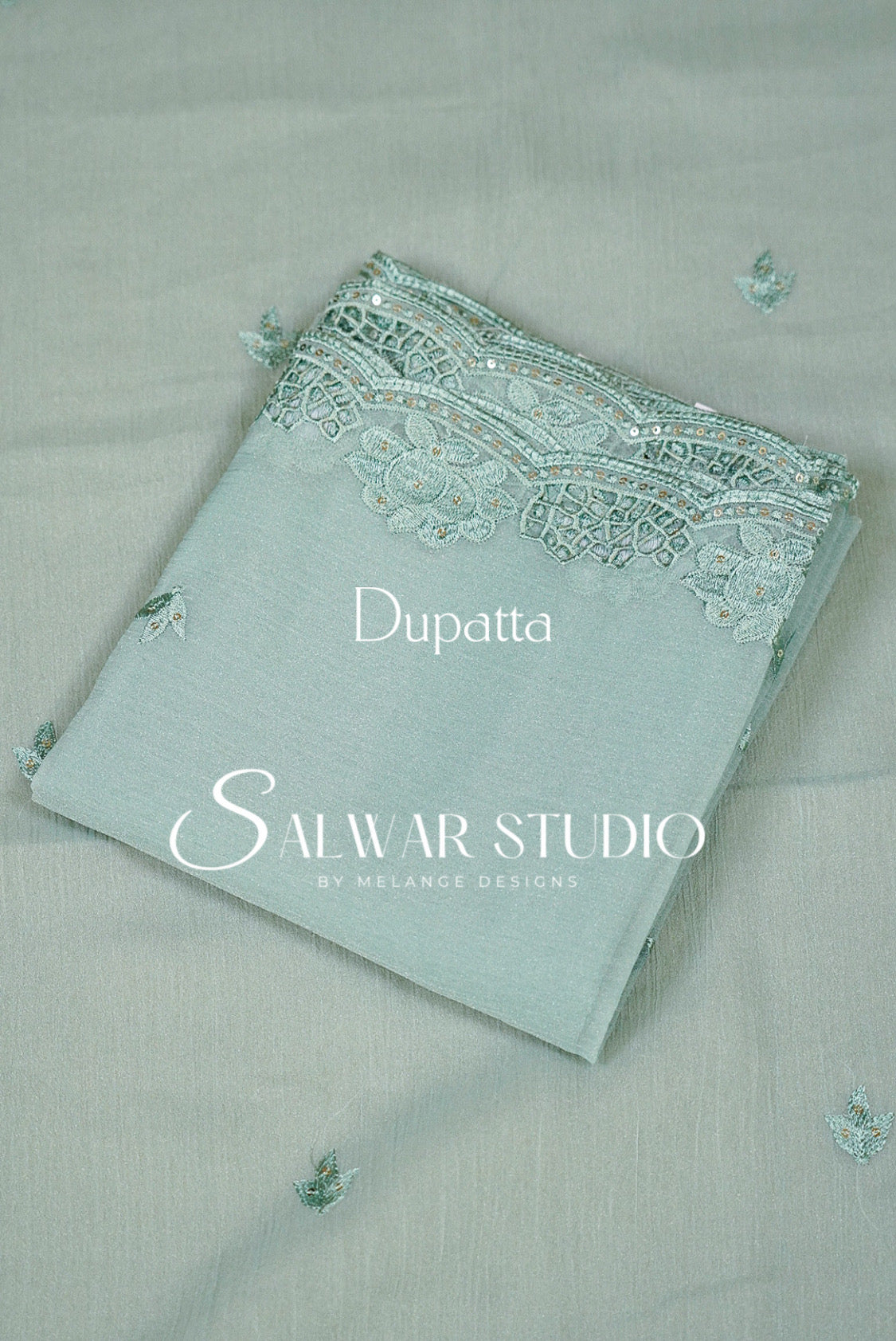 Crushed Organza Cutwork Unstitched Salwar Suit Material Pastel Mint Green Dupatta.