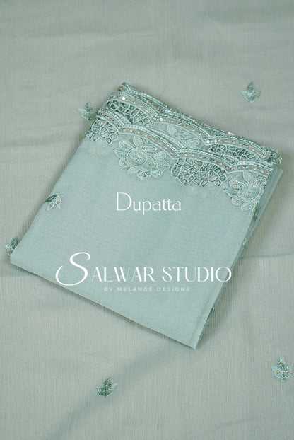 Crushed Organza Cutwork Unstitched Salwar Suit Material Pastel Mint Green Dupatta.