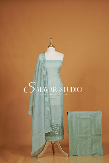 Crushed Organza Cutwork Unstitched Salwar Suit Material Pastel Mint Green.