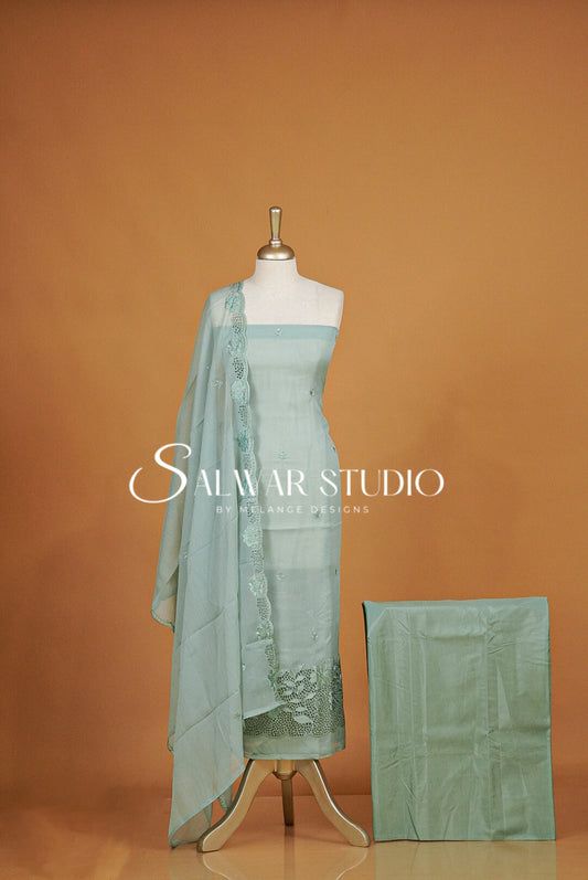Crushed Organza Cutwork Unstitched Salwar Suit Material Pastel Mint Green.