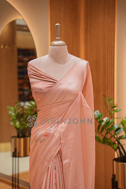 Printed Gaji Saree For Women Blush Peach close view
