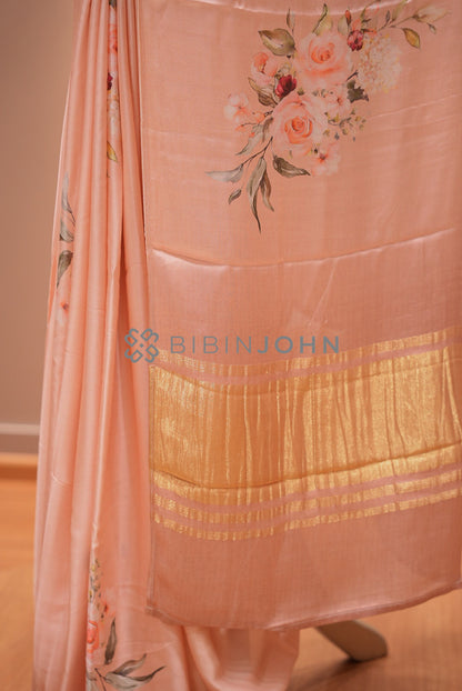 Printed Gaji Saree For Women Blush Peach pallu