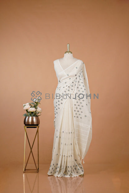 Linen Embroidery Saree For Women White 