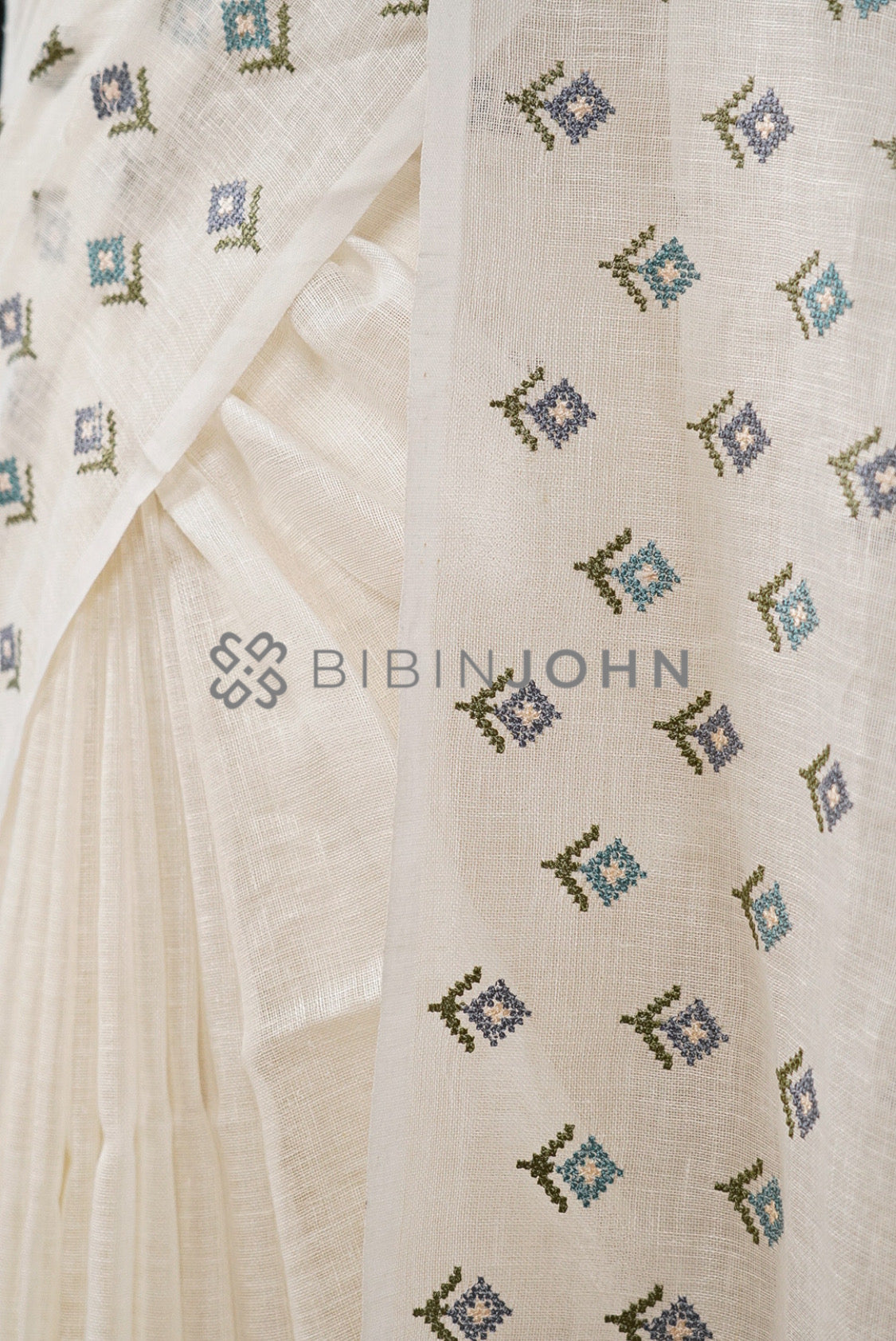 Linen Embroidery Saree For Women White  side view
