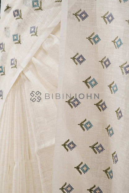 Linen Embroidery Saree For Women White  side view