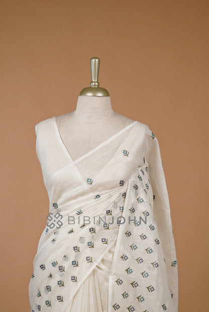 Linen Embroidery Saree For Women White  close view