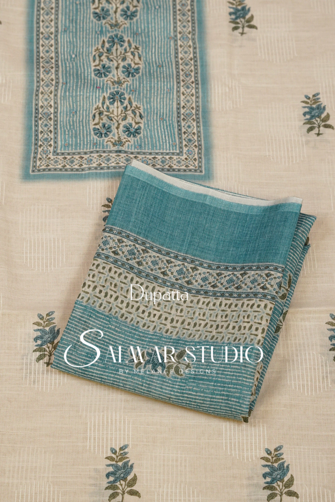 Linen Embroidery Unstitched Salwar Suit Dress Material Off White With Blue AC0291
