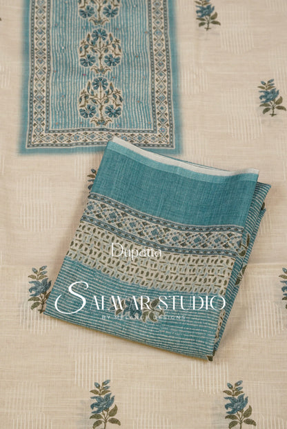 Linen Embroidery Unstitched Salwar Suit Dress Material Off White With Blue AC0291