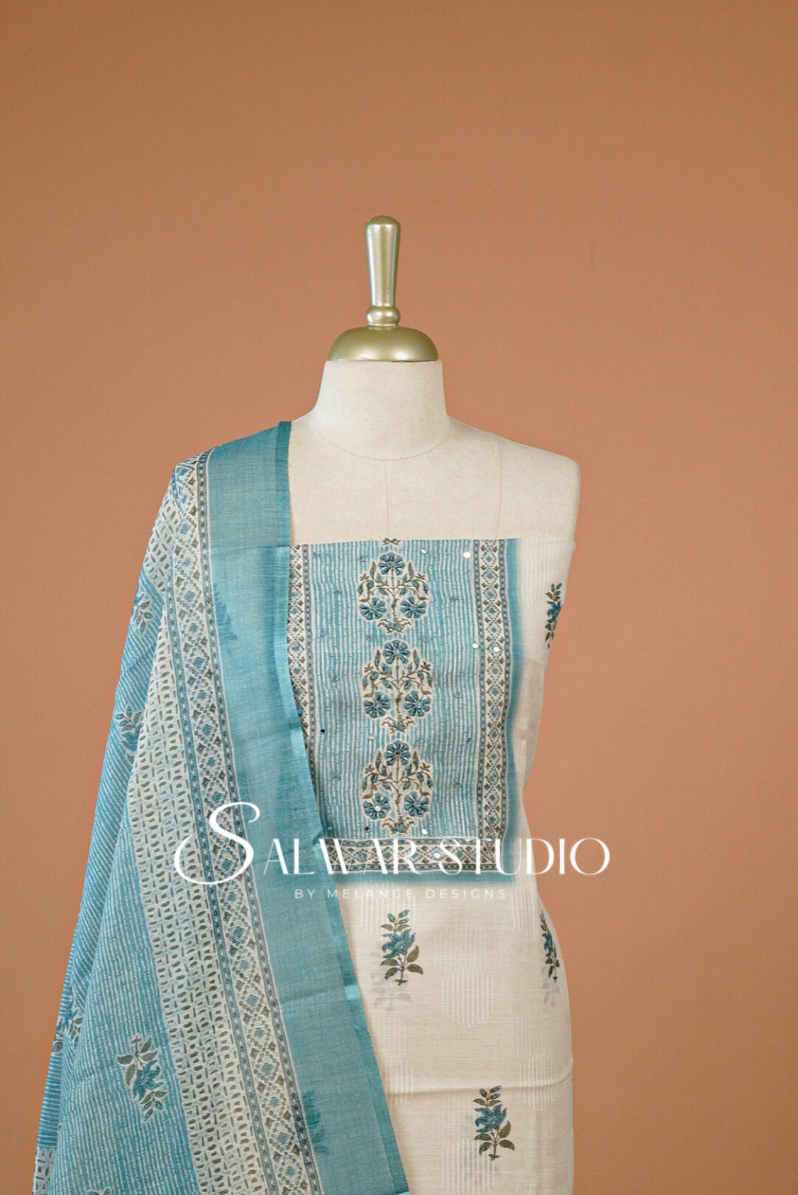 Linen Embroidery Unstitched Salwar Suit Dress Material Off White With Blue AC0291