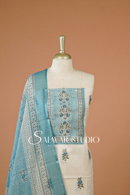 Linen Embroidery Unstitched Salwar Suit Dress Material Off White With Blue AC0291